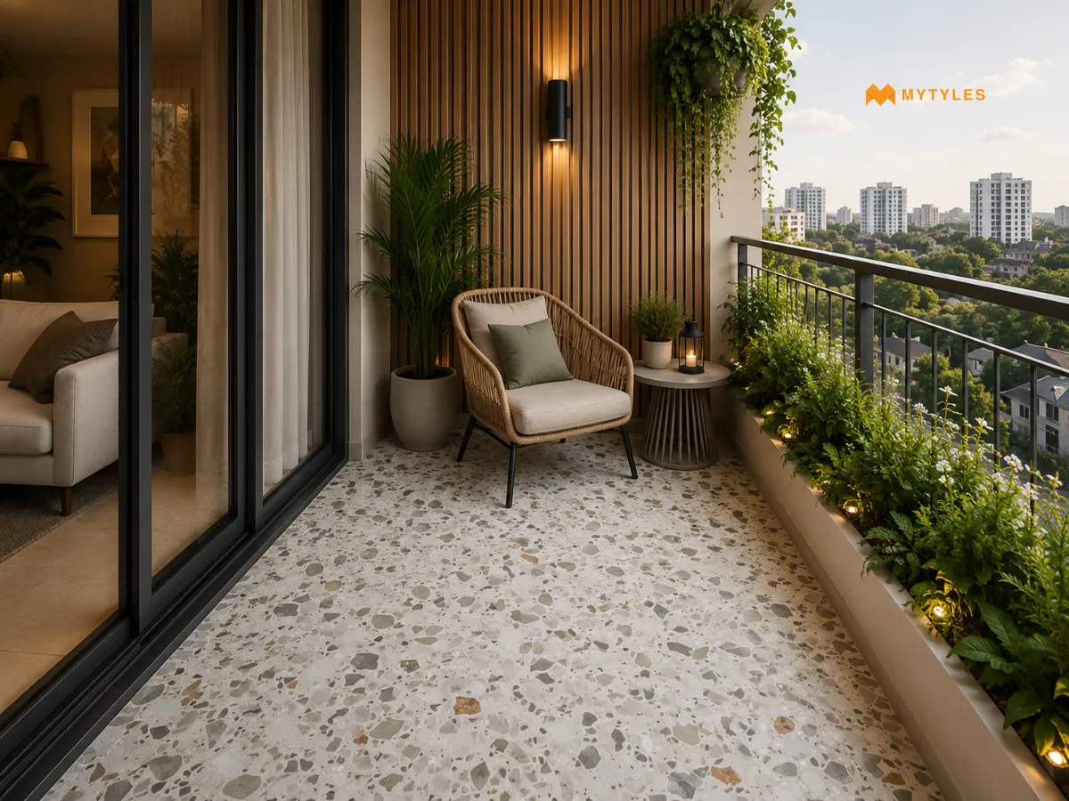 Terrazzo-Look Tiles for a Speckled Small Balcony Floor